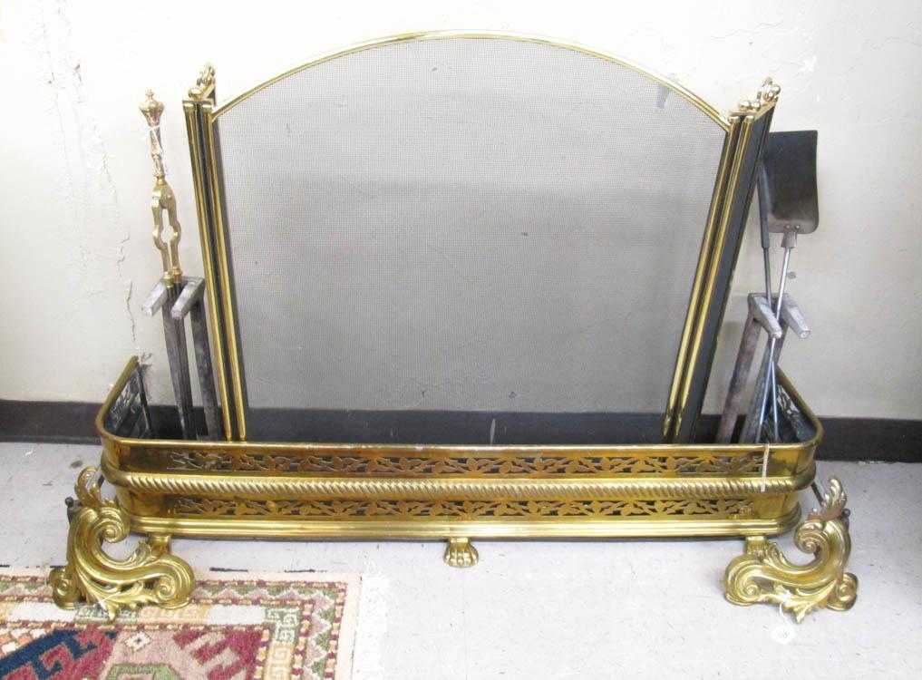 Appraisal: ANTIQUE BRASS FIREPLACE ACCESSORY COLLECTION including seven total pieces two