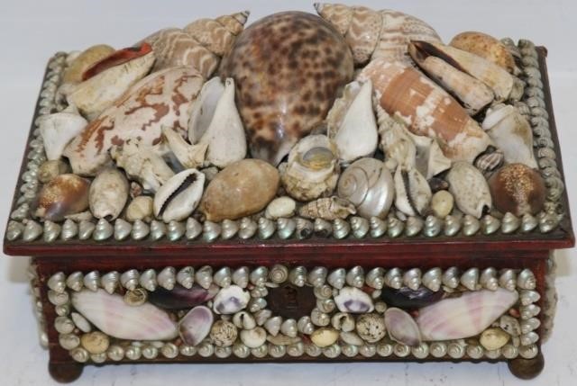 Appraisal: LATE TH CENTURY SHELL DECORATED SEWING BOX WITH FITTED INTERIOR