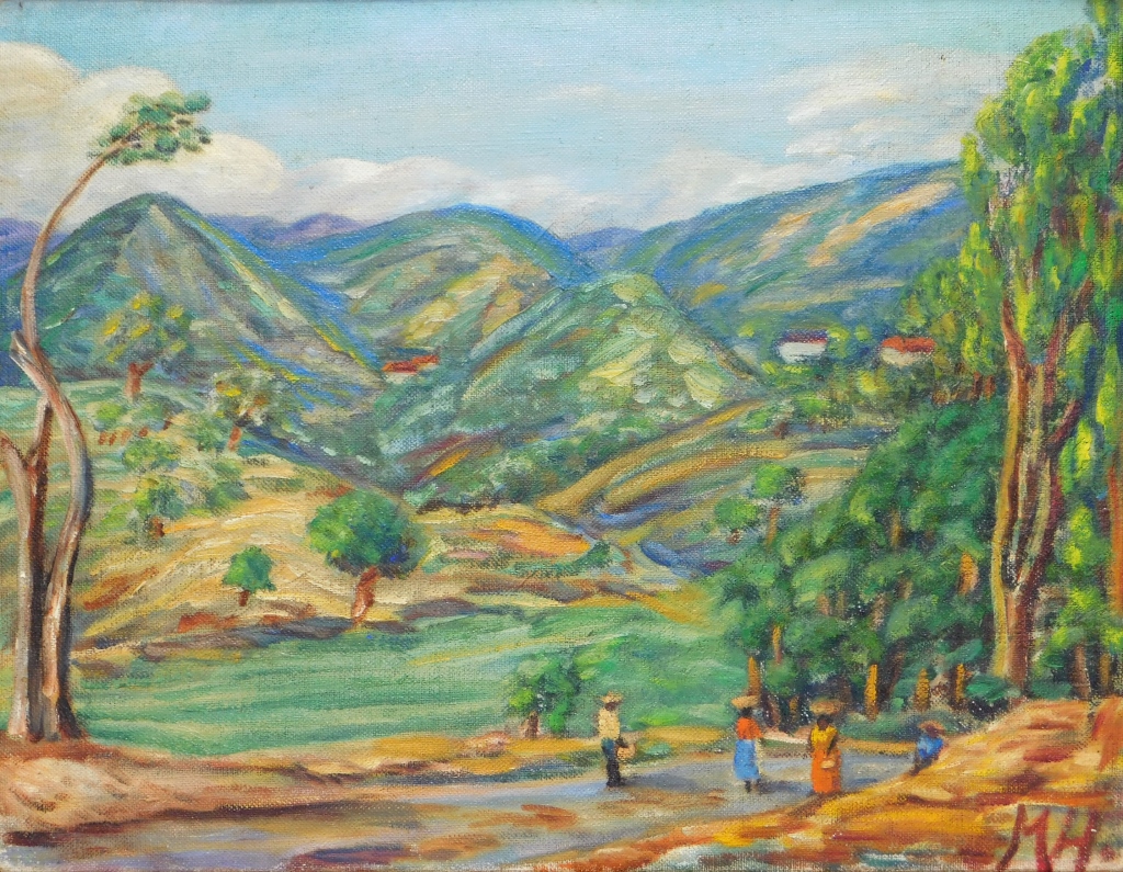 Appraisal: HAITIAN IMPRESSIONIST MOUNTAIN LANDSCAPE PAINTING Haiti th CenturyDepicts people traversing