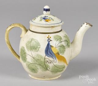 Appraisal: English pearlware teapot th c with peafowl decoration '' h