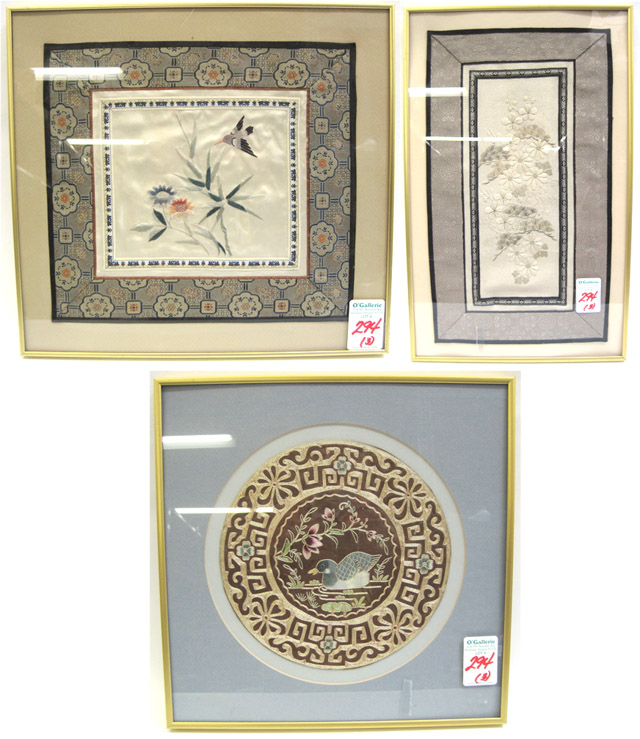 Appraisal: THREE CHINESE SILK EMBROIDERIES rectangular and round with humming bird