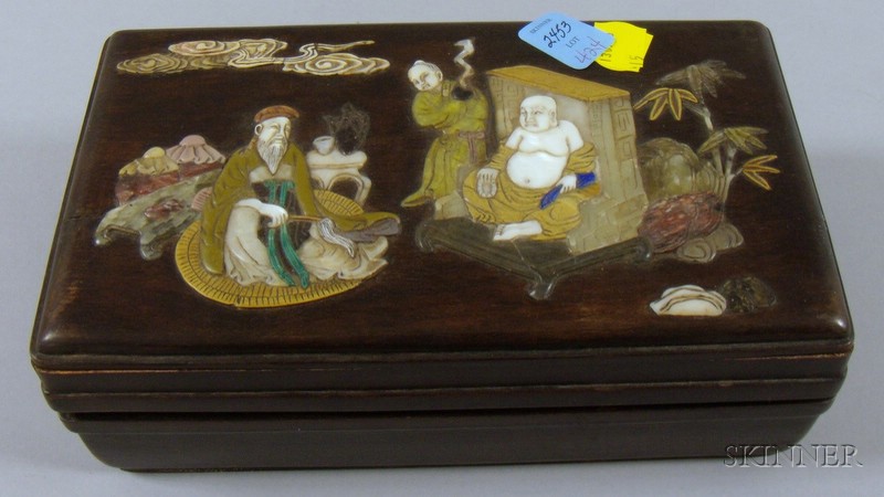 Appraisal: Asian Inlaid Wood Box inlaid with mother-of-pearl jade and hardstones