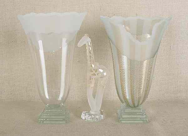 Appraisal: Two contemporary art glass vases signed Schleson together with an