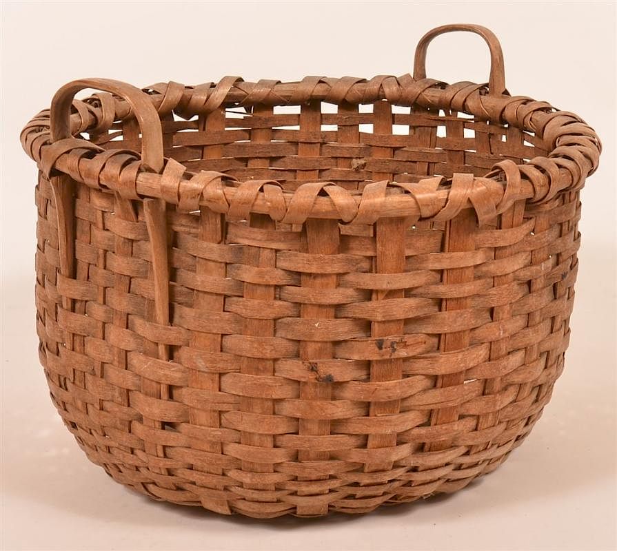 Appraisal: Antique Woven Oak Splint Circular Field Basket Antique Woven Oak