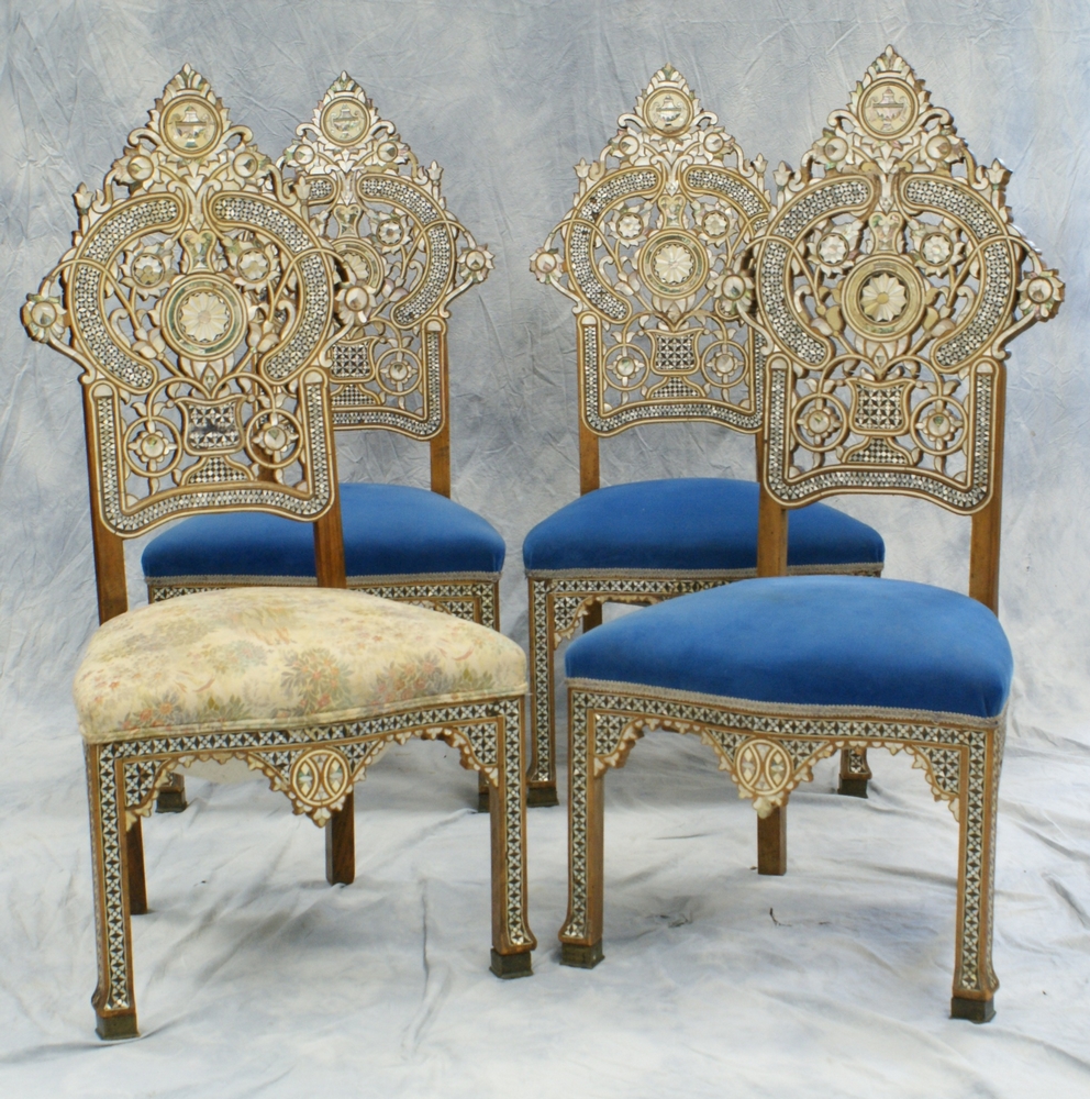 Appraisal: MOP and abalone shell inlaid south Asian dining chairs extensive