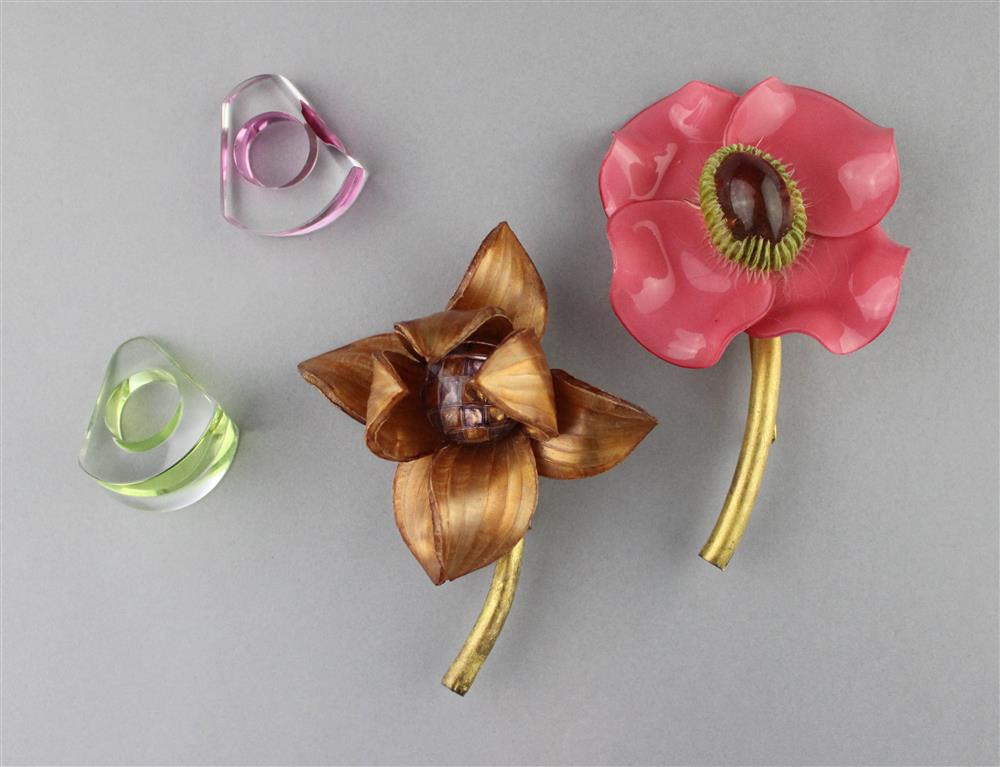 Appraisal: TWO FABRICE OF PARIS FLOWER PINS AND TWO LUCITE DOME