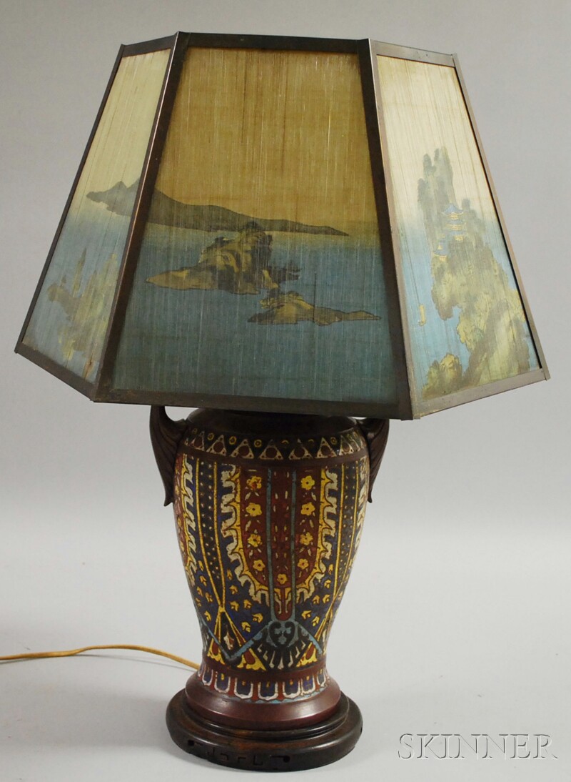 Appraisal: Asian Champleve and Bronze Vase Table Lamp with Japanese Scenic-decorated