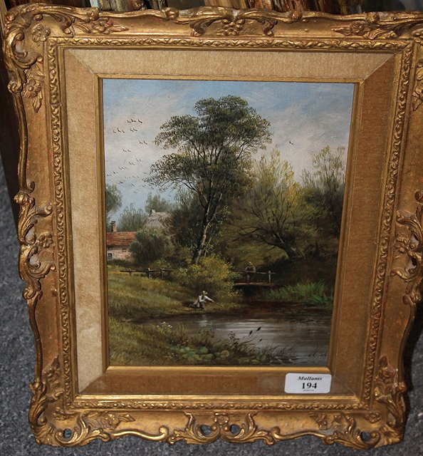 Appraisal: th Century English SchoolFigure fishing by a river oils on