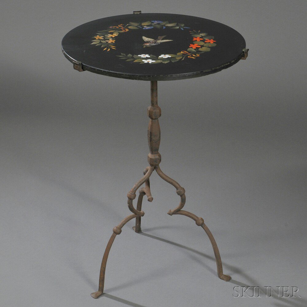 Appraisal: Pietra Dura and Wrought Iron Side Table the top Italy