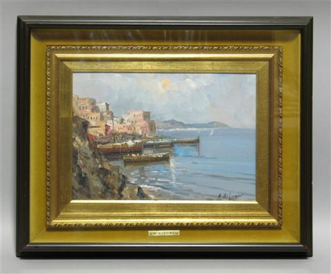 Appraisal: M MILONI MILUNI EUROPEAN TH CENTURY MEDITERRANEAN FISHING VILLAGE Oil