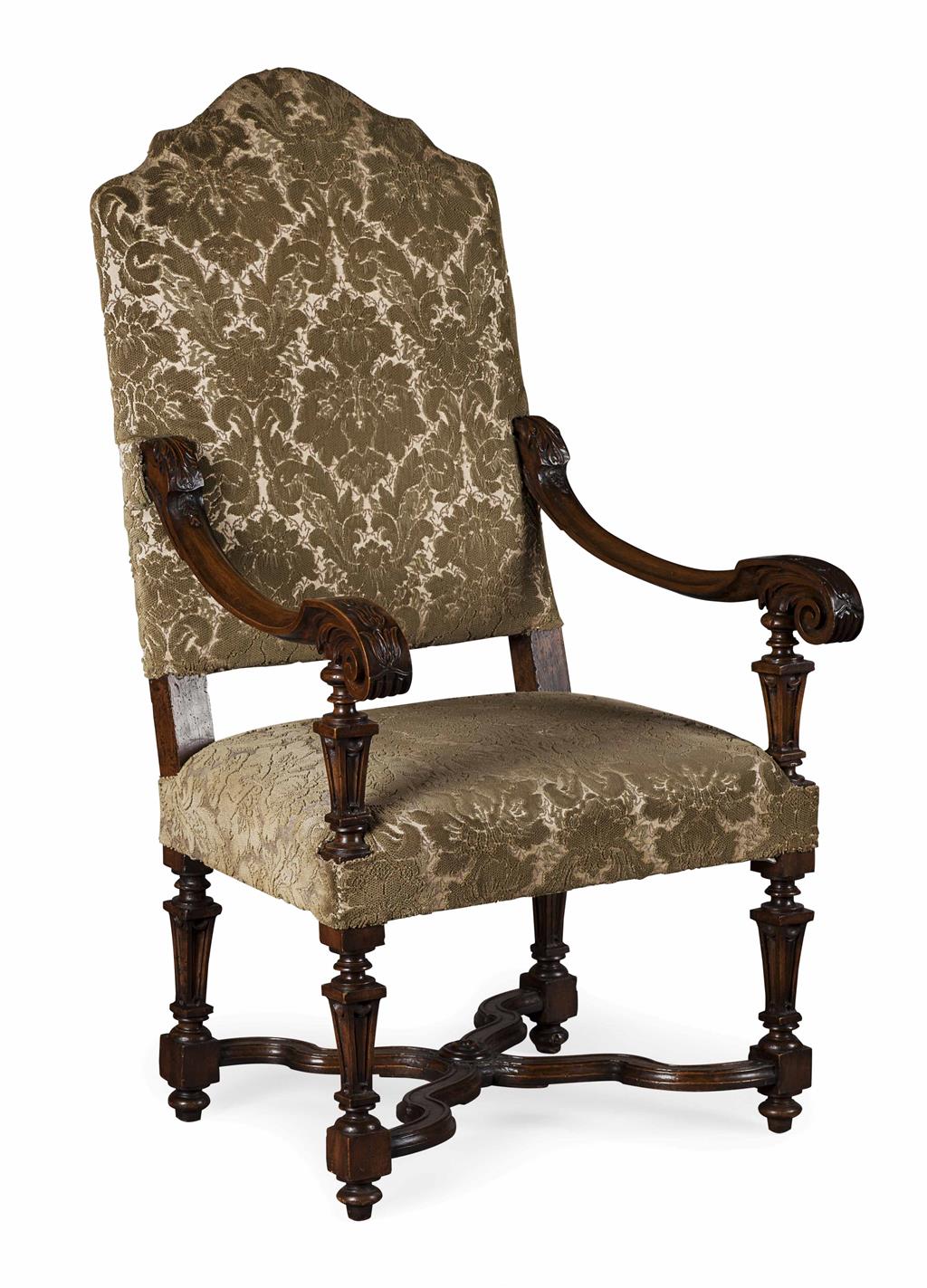 Appraisal: LOUIS XIV STYLE WALNUT UPHOLSTERED ARMCHAIR TH CENTURY the padded