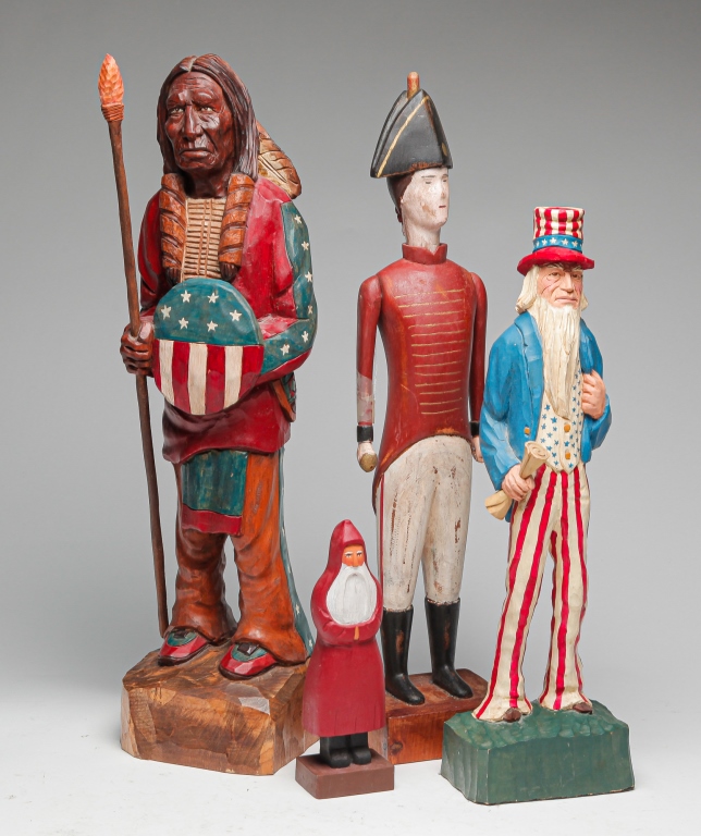 Appraisal: FOUR CONTEMPORARY FOLK ART CARVINGS Late th century Including American