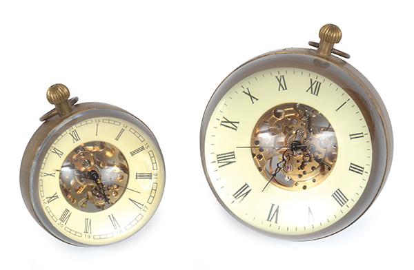 Appraisal: TWO BRASS AND GLASS SPHERICAL DESK CLOCKS WITH EXPOSED MOVEMENTS