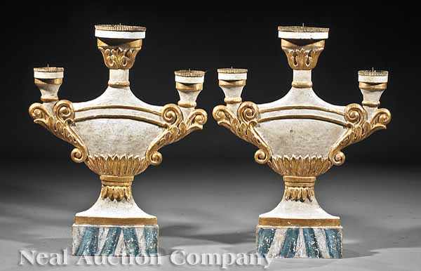 Appraisal: A Pair of Large Venetian Painted Wood Three-Light Candelabra each