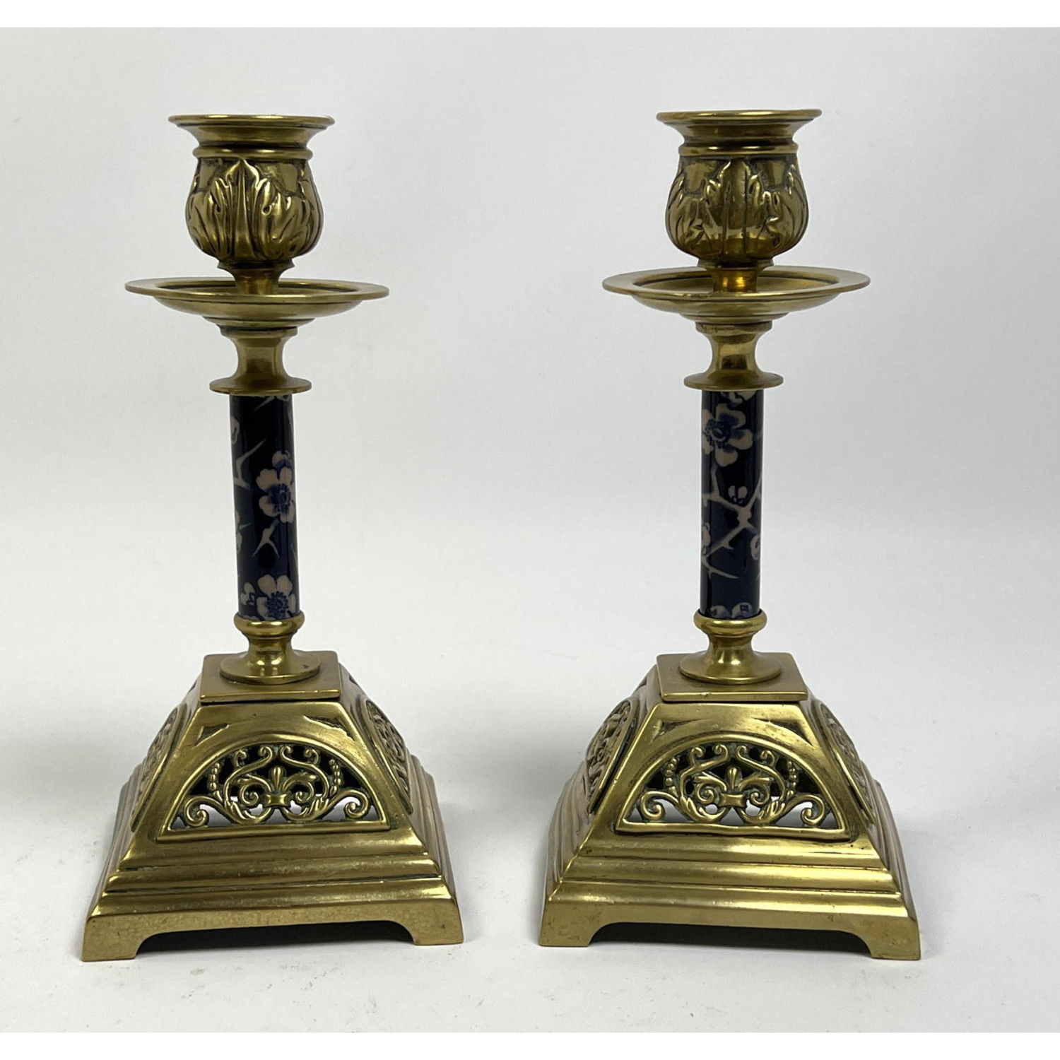 Appraisal: Pr Vintage Brass And Porcelain Candlesticks Tapered pierced bases support