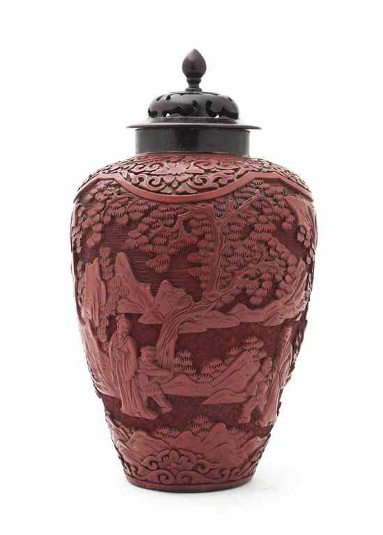 Appraisal: A Chinese Cinnabar Lacquered Vase decorated with sages and peasants