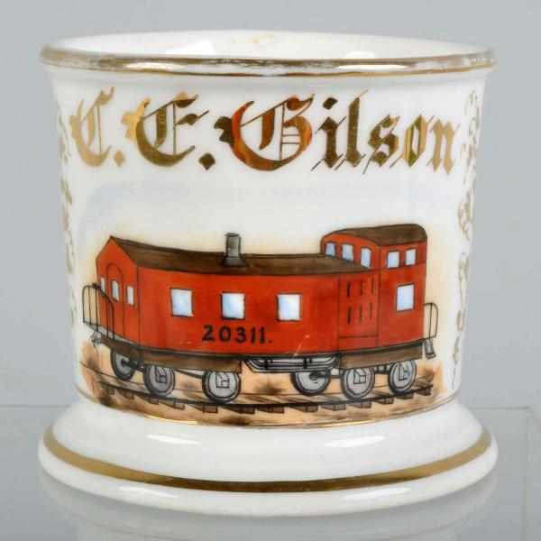 Appraisal: Brown Caboose Shaving Mug Description Gilt name T F Wilson