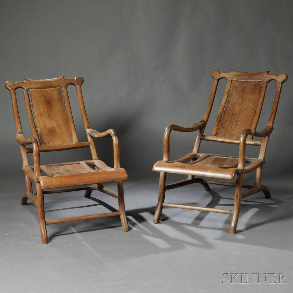 Appraisal: Pair of Moon-viewing Reclining Chairs China hardwood th early th