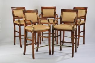 Appraisal: Carved mahogany bar stools in leather Set of five parcel