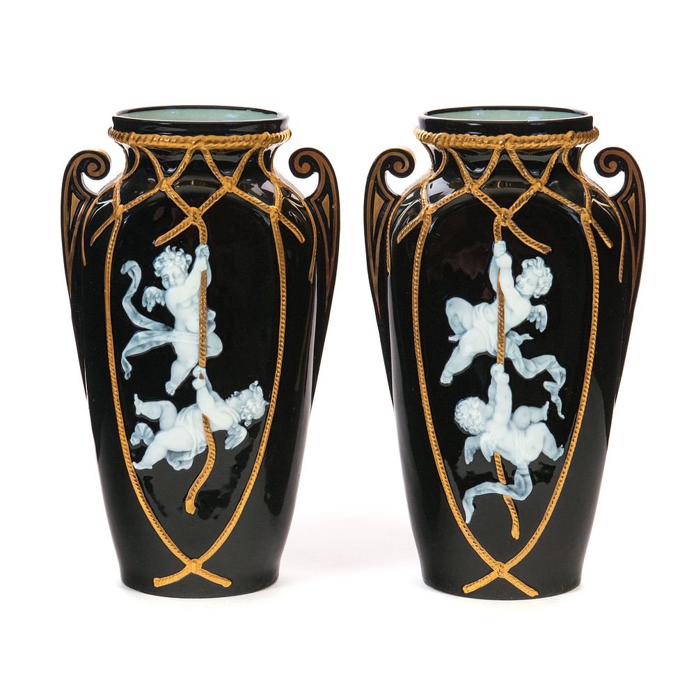 Appraisal: Pair Pate'sur'Pate Minton cobalt blue vases with Pair Pate'sur'Pate Minton