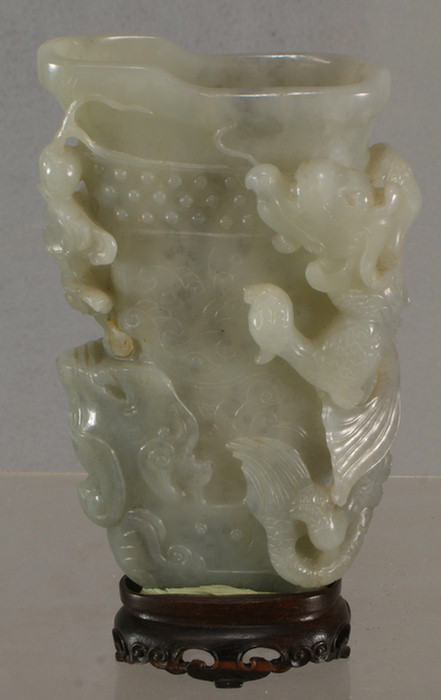 Appraisal: Archaic form Chinese carved hardstone jade vessel with dragons fungus