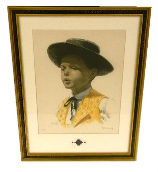 Appraisal: Color lithograph of Spanish styled boy wearing a yellow vest