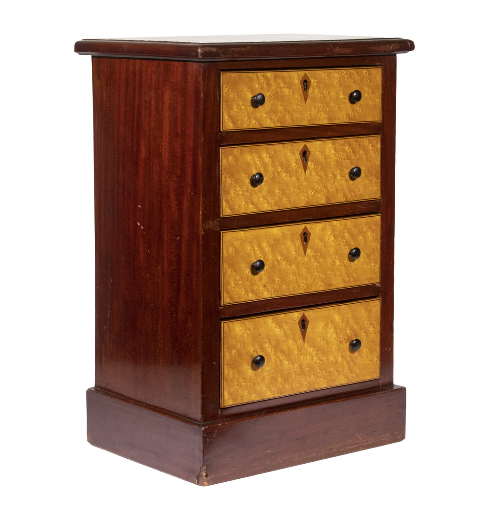 Appraisal: MINIATURE CHEST OF DRAWERS th c Mahogany Chest with Birdseye