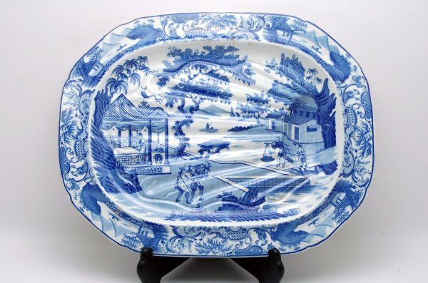 Appraisal: Blue transferware platter Well and Tree Chinese scene impressed mark