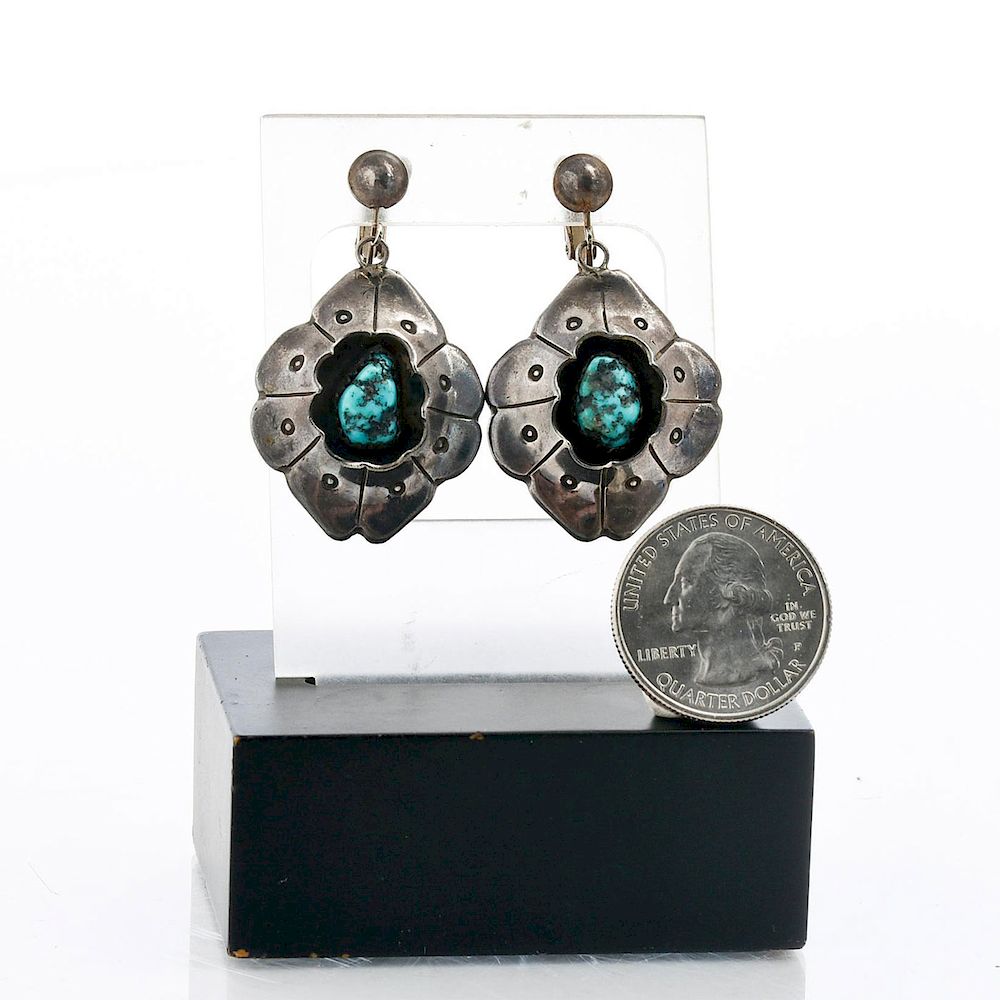 Appraisal: NATIVE AMERICAN SILVER TURQUOISE CLIP ON EARRINGS Earrings are L