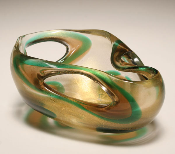 Appraisal: Archimede Seguso macchia ambra verde Murano glass bowl Large manipulated