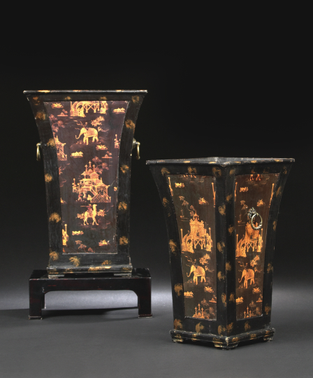 Appraisal: Regency-Style Chinoiserie-Decorated Tole Container of flared square form each side