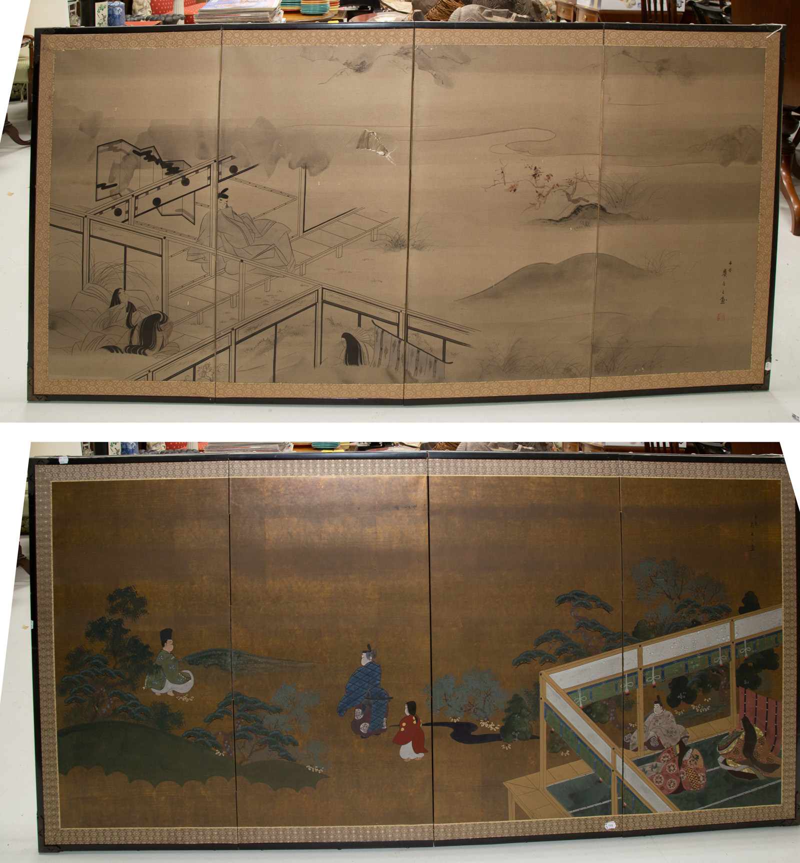 Appraisal: TWO JAPANESE FOLDING TEA SCREENS Early th century ink and