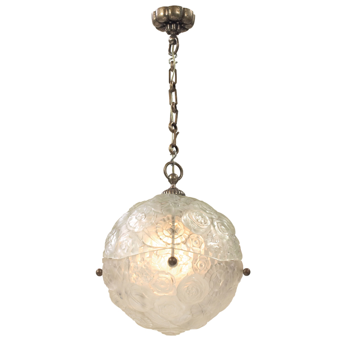 Appraisal: Sabino hanging fixture spherical frostedglass with floral motif and brass