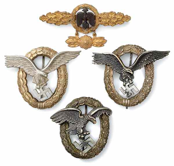 Appraisal: German WWII Luftwaffe Flight Badges Lot of Four Lot includes