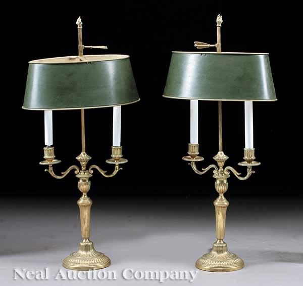 Appraisal: A Pair of Brass and T le Peinte Bouillotte Lamps