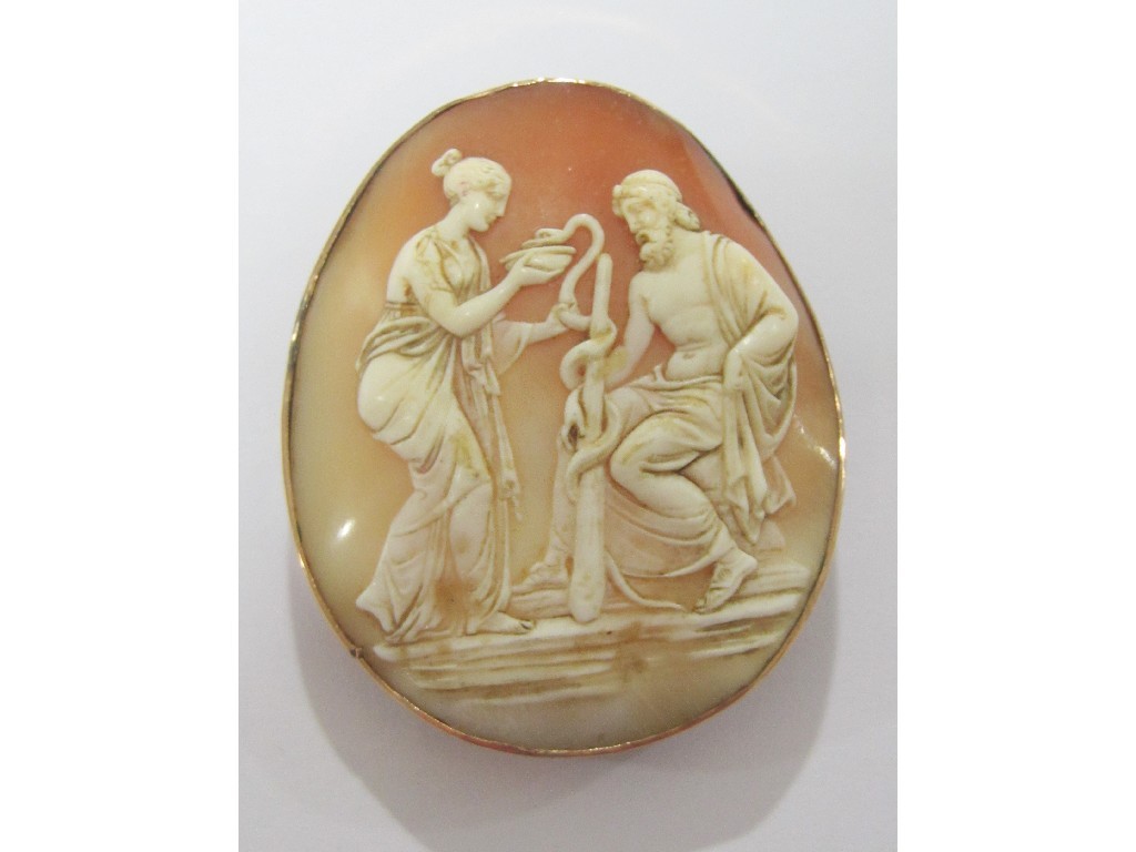 Appraisal: Victorian cameo brooch depicting Asclepius with his serpent entwined staff