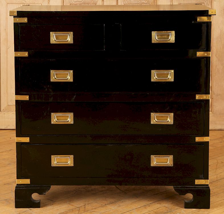 Appraisal: BLACK LACQUERED BRASS BOUND CAMPAIGN CHEST A black lacquered brass