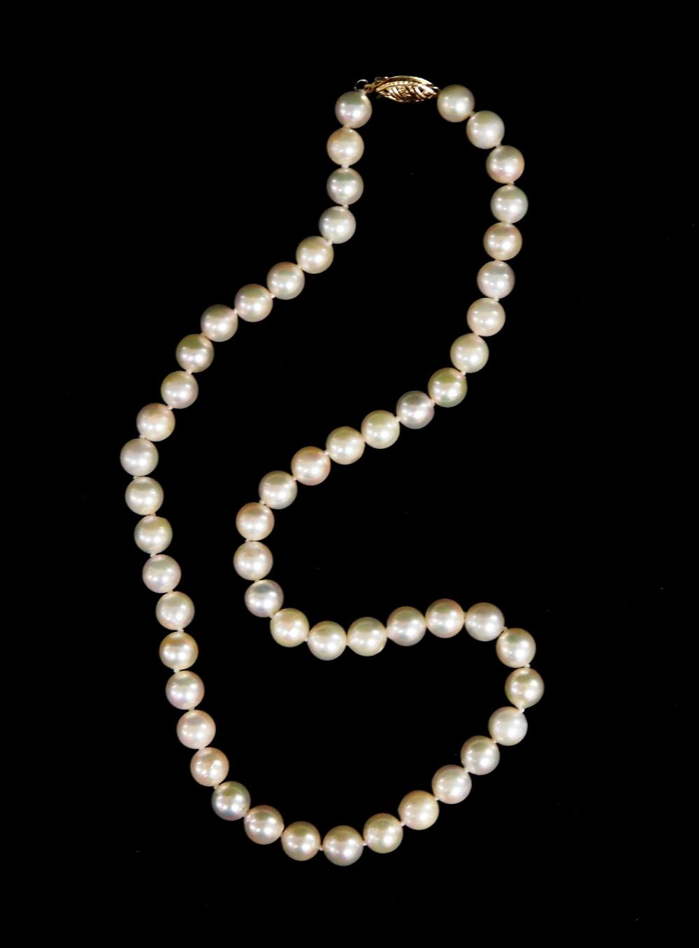 Appraisal: JEWELRY Cultured Pearl Necklace with K gold clasp necklace contains