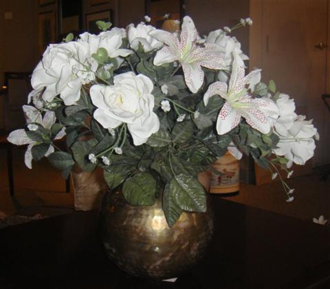 Appraisal: FAUX WHITE FLOWERS IN BRASS POT h in Provenance ANTIQUE