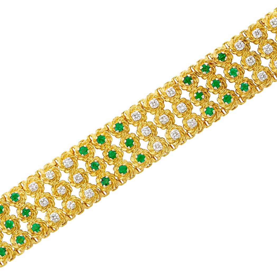 Appraisal: Gold Diamond and Emerald Bracelet kt round diamonds ap cts