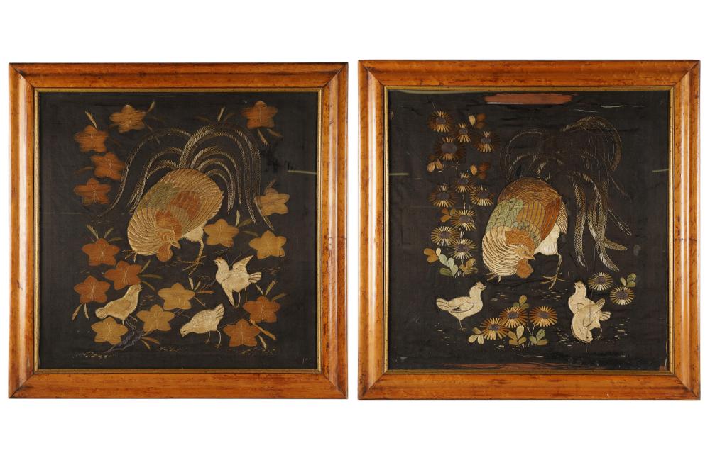 Appraisal: PAIR OF FRAMED ENGLISH EMBROIDERIESeach depicting chickens Condition one with