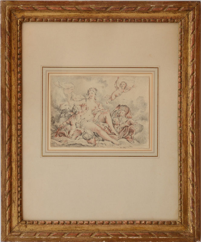 Appraisal: FRENCH SCHOOL FEMALE NUDE SURROUNDED BY PUTTI Sanguine and black