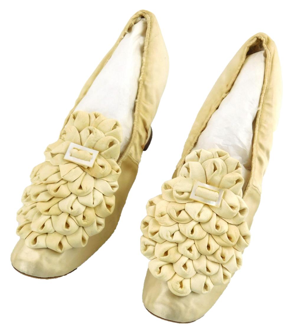 Appraisal: Pair of satin wedding slippers th C American museum provenance