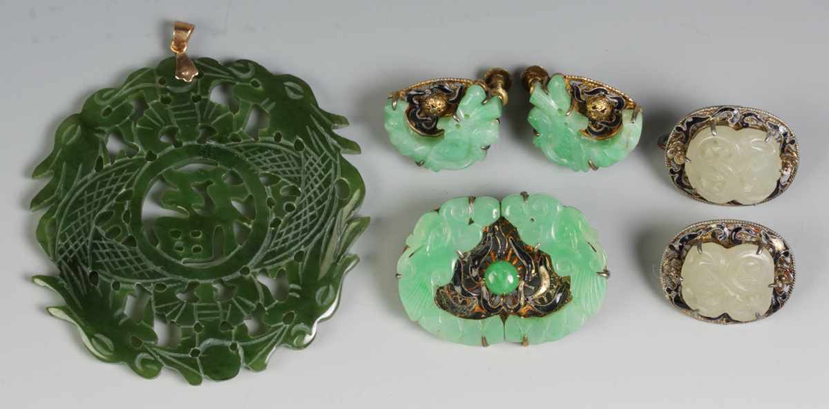 Appraisal: Jadeite Brooch Sets of Earringsw dragon designs One set of