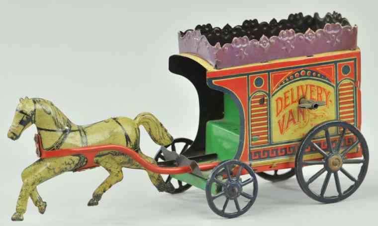 Appraisal: EARLY DELIVERY WAGON Lithographed tin very ornate purple colored luggage