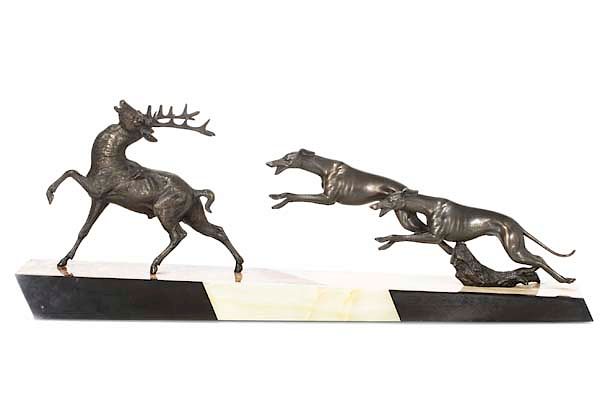 Appraisal: An Art Deco metal and marble hounds stag An Art