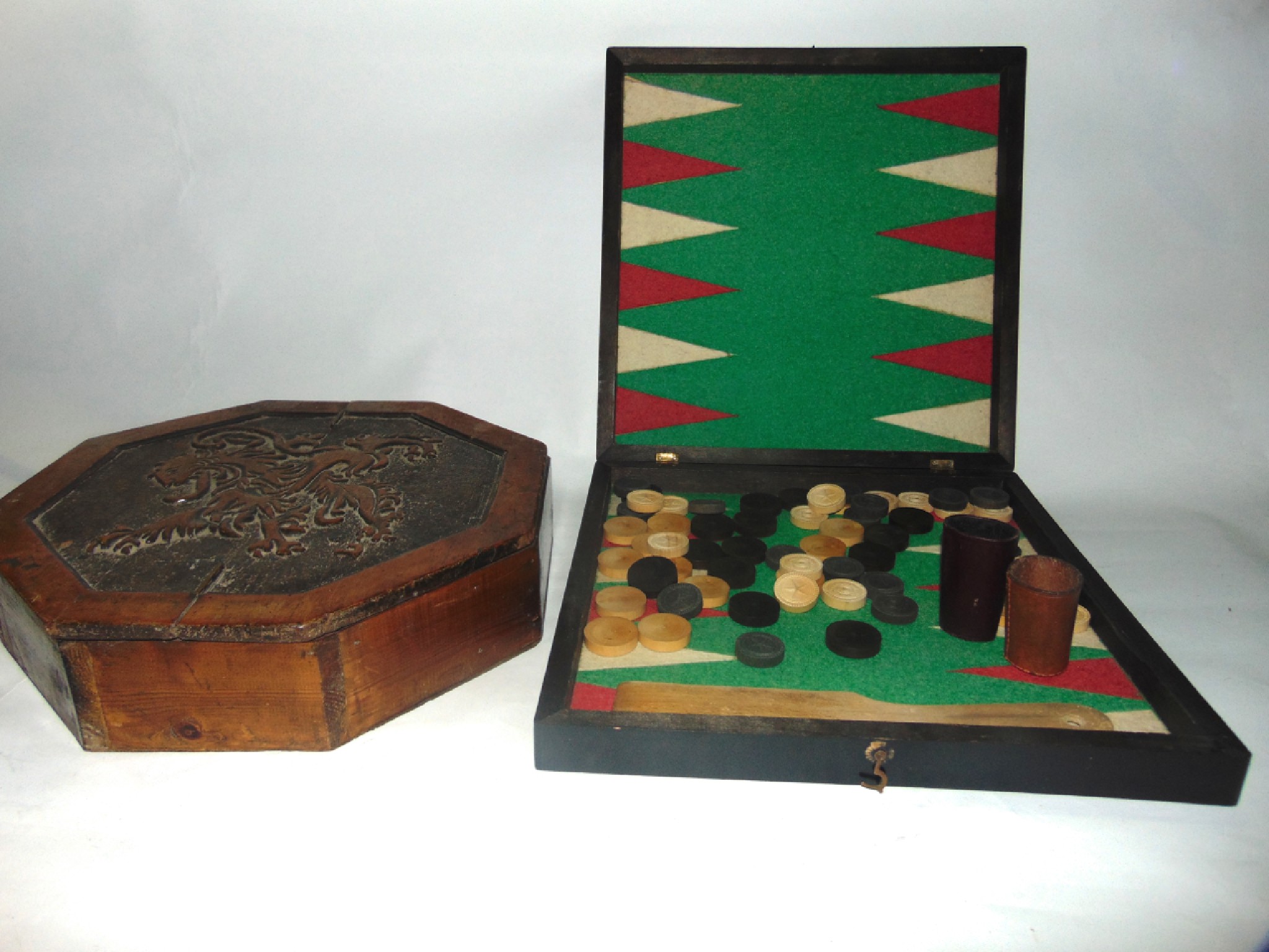 Appraisal: An antique timber box of hexagonal form the hinged lid