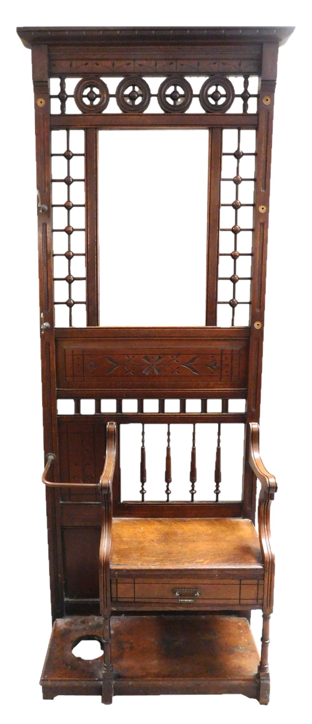 Appraisal: Victorian hall rack with seat oak stick and ball turning