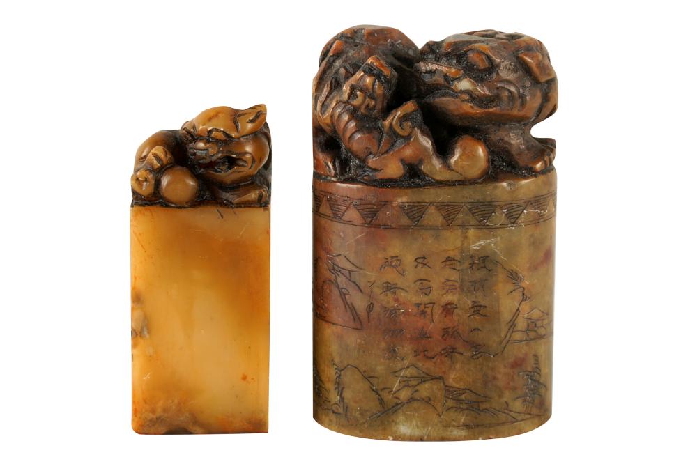 Appraisal: TWO CHINESE STONE SEALSeach with foo lion finials Condition small