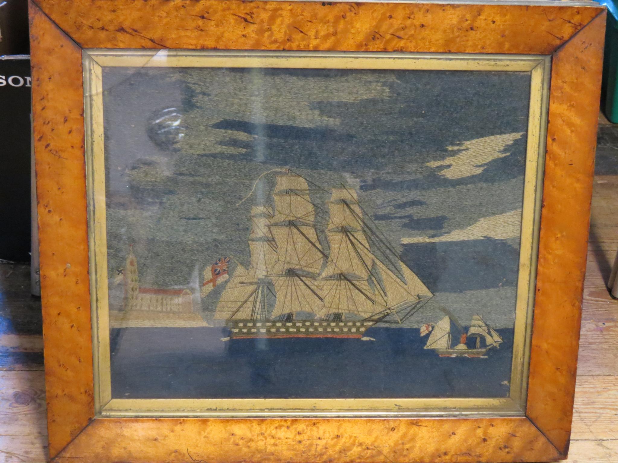 Appraisal: An early Victorian woolwork picture British tallship and middle-distant church